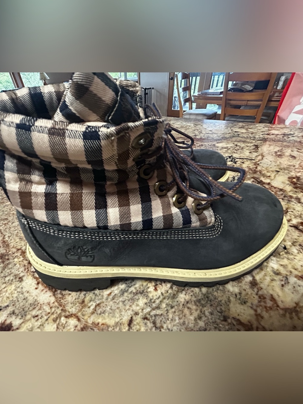 Timberland Unisex Big Kid’s 4 Blue Suede Leather & Plaid Lace-Up Rain/Snow Boots